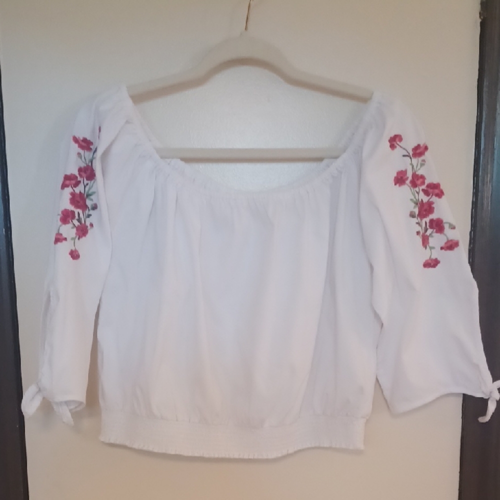 Hollister White Blouse with Pink Floral Embroidery